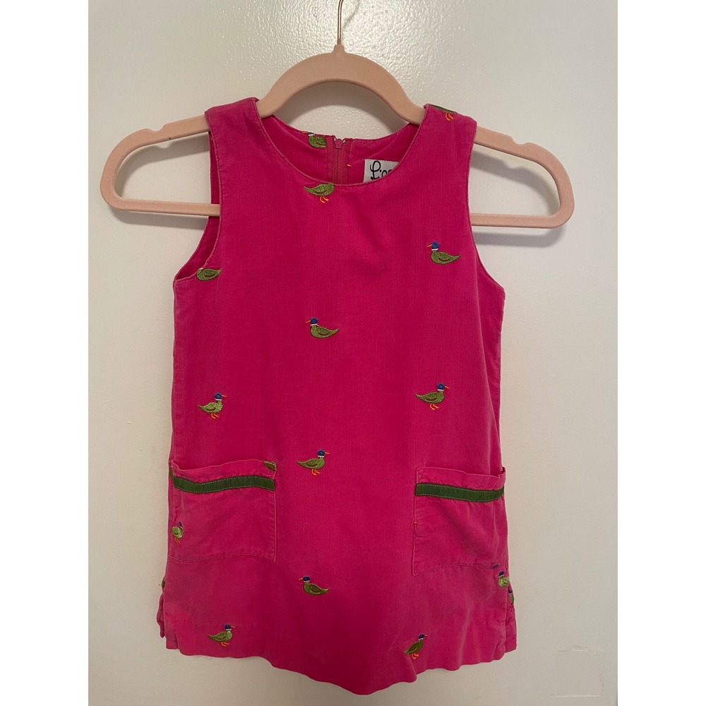 Vintage Lilly Pulitzer Jumper Dress Pink Corduroy Duck Embroidered Girls Size 5